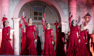 Group of Spanish Dancers performing in front of the Old Santa Barbara Mission during Old Spanish Days Fiesta