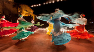 Spanish dancers performing in front of the Santa Barbara Courthouse during Fiesta